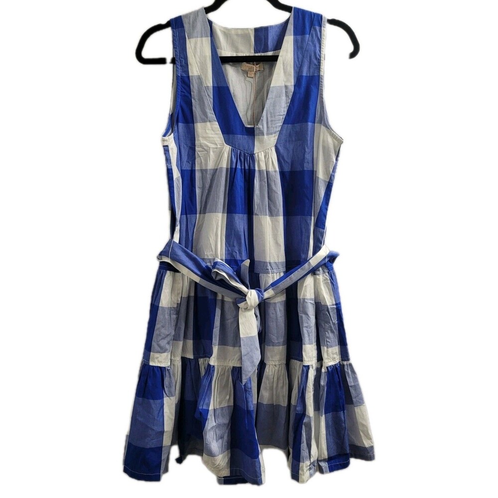 Pink Chicken Short Indira Dress Blue Gingham Cotton Tiered Belted S NWT